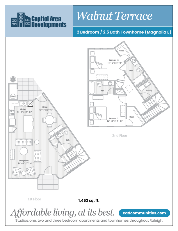 Floor plan for 2 beds, 2.5 baths, 1452 sqft